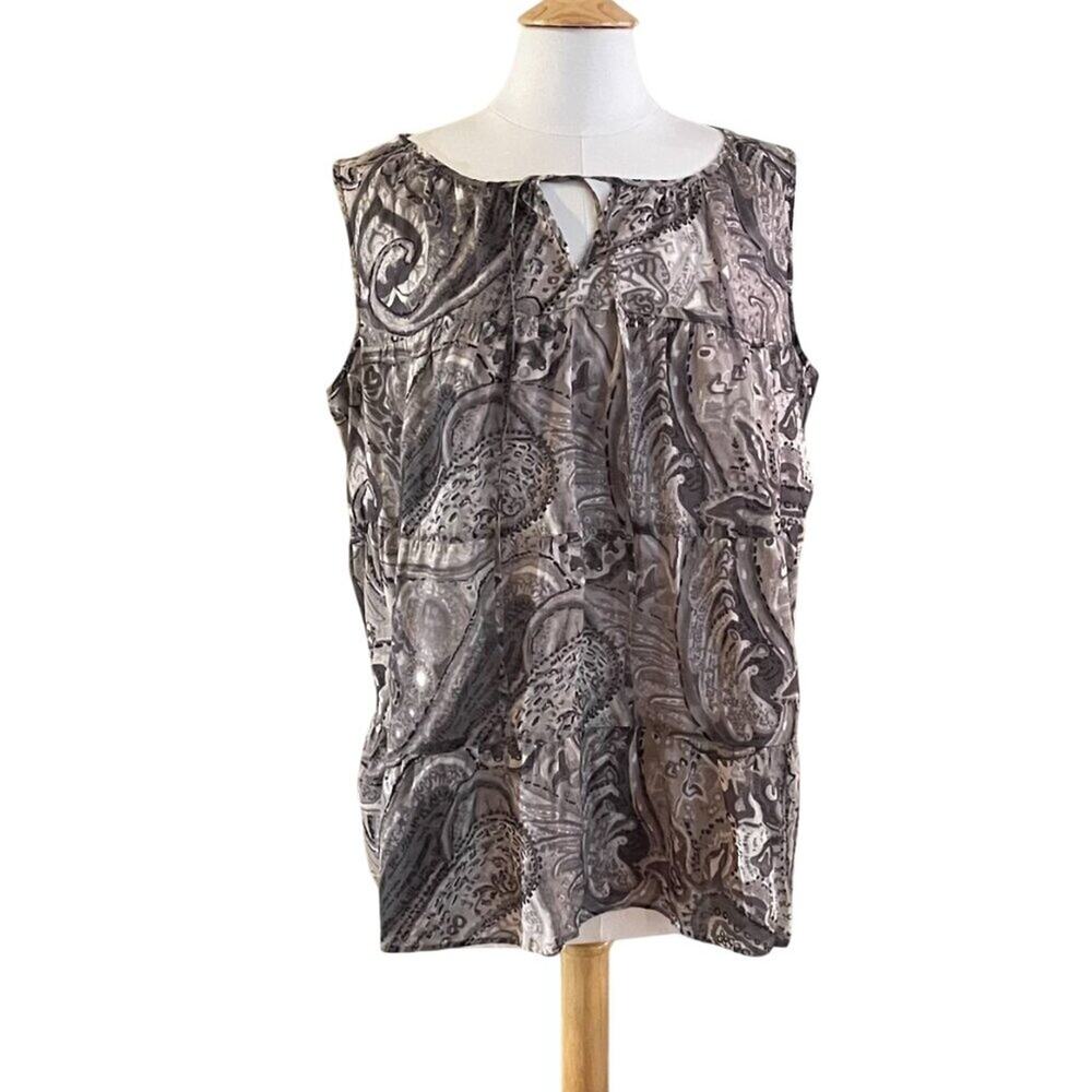 Talbots Cotton Paisley Sleeveless V-Neck Blouse, Ruffle Hem, Gray, Black, 1X